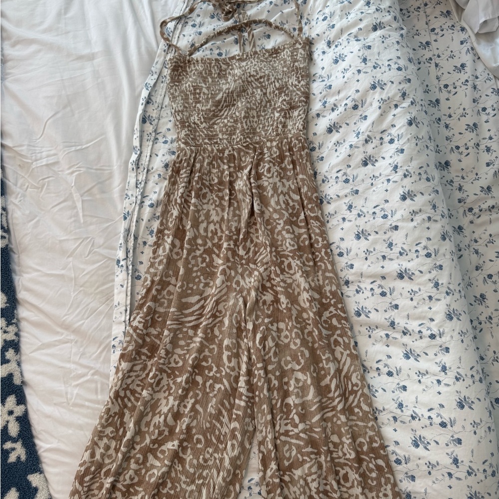 Elegant Brown Patterned Backless Women's Jumpsuit